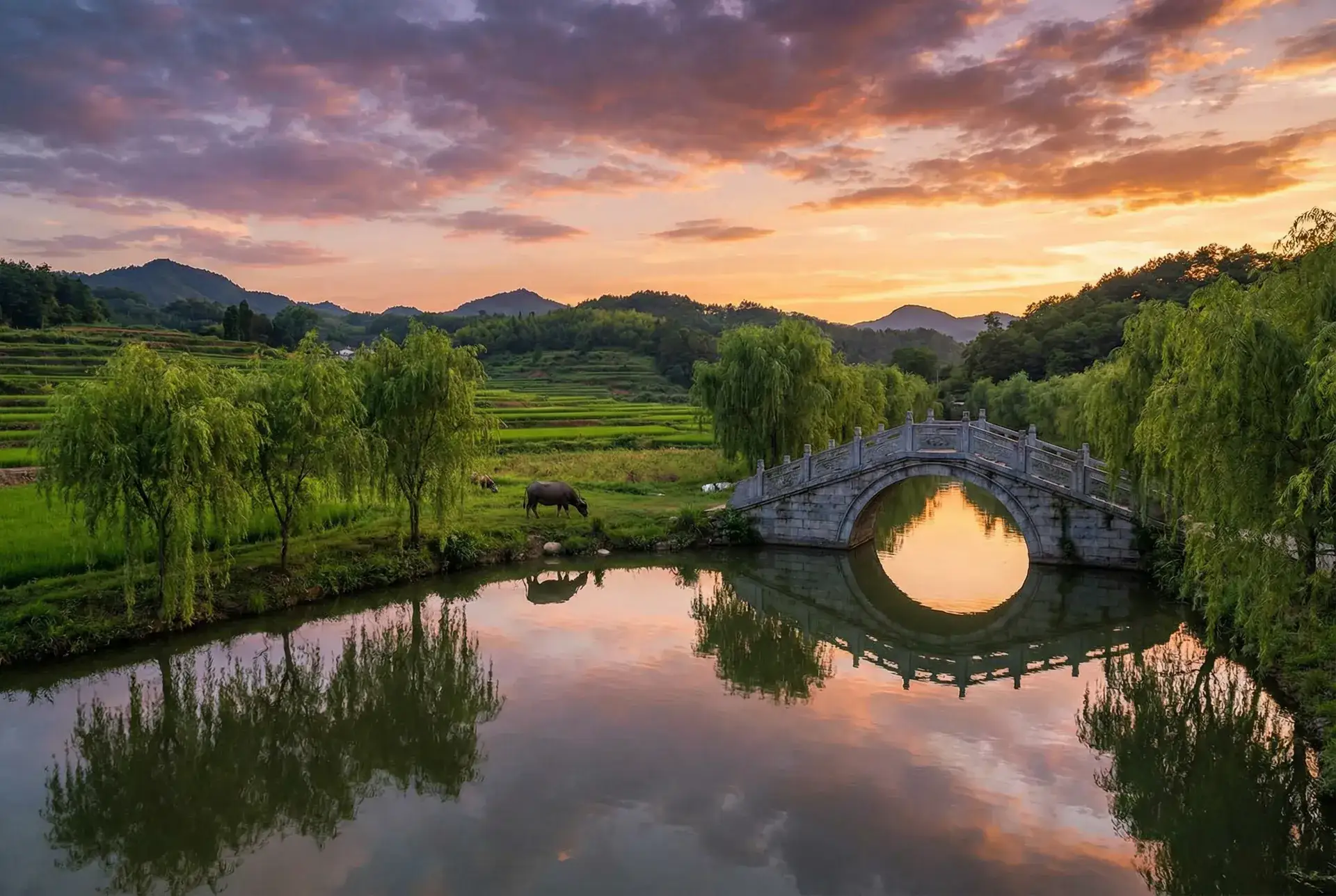 夕阳下的石拱桥与垂柳，水牛在河边吃草 - 电梯粉衣 乡村美景